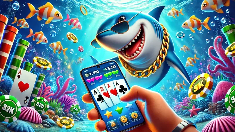 Layar arcade tembak ikan dengan target laut dan efek tembakan